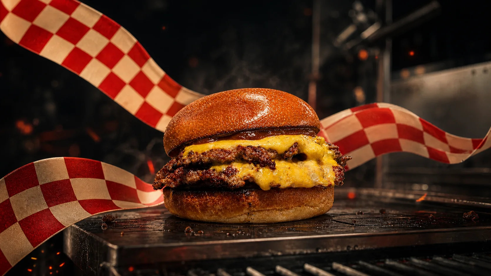 Kırmızı kareli şeritlerle Classic Smash Burger